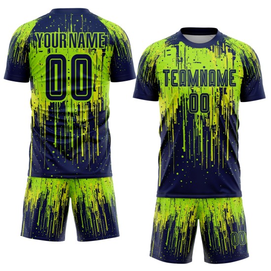 Marineblauw-neon jersey neon sublimatie voetbaluniform geel op maat groen