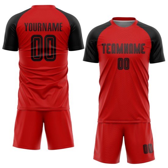 Sublimatie Rood Custom Jersey Zwart Voetbaluniform Sublimatie Rood Custom Jersey Zwart Voetbaluniform