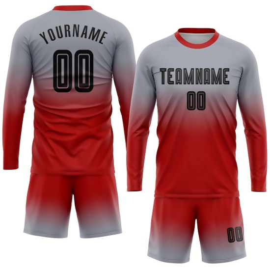 Mode Sublimatie Lange Uniform Zwart-Rood Aangepaste Grijze Fade Mouw Jersey Voetbal Mode Sublimatie Lange Uniform Zwart-Rood Aangepaste Grijze Fade Mouw Jersey Voetbal