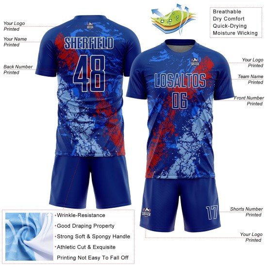 Blauw shirt druipend koninklijk sublimatie-uniform op maat gemaakte spetters rood licht kunst voetbal