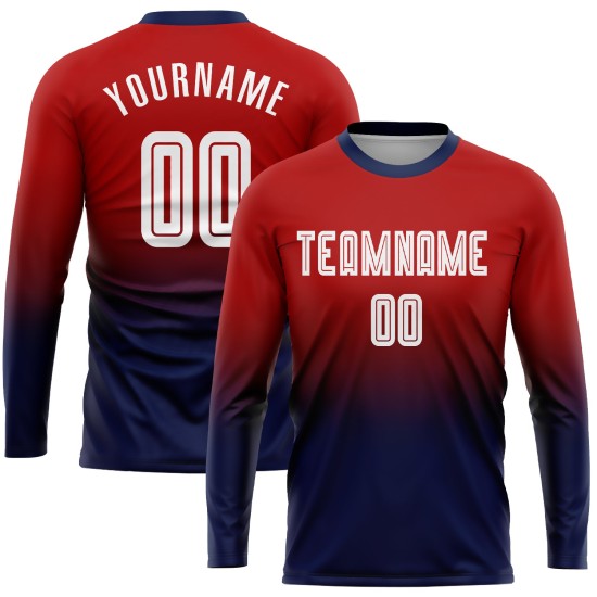 Jersey Rood Fade Sublimatie Wit-Marineblauw Lange Mouw Voetbal Mode Uniform Aangepast Jersey Rood Fade Sublimatie Wit-Marineblauw Lange Mouw Voetbal Mode Uniform Aangepast