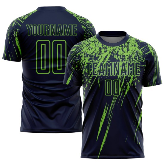 Marineblauw shirt op maat gemaakt groen uniform voetbal sublimatie neon