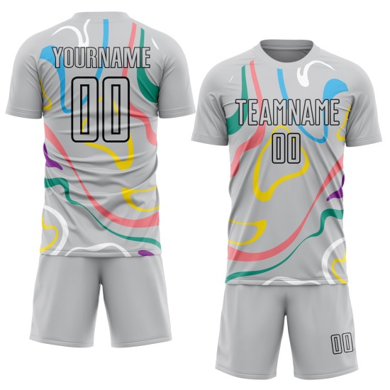 Vloeiende uniforme zwarte aangepaste vormen jersey grijze voetbal sublimatie Vloeiende uniforme zwarte aangepaste vormen jersey grijze voetbal sublimatie