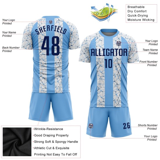 Lichtblauw voetbalshirt sublimatie marineblauw-wit uniform op maat Lichtblauw voetbalshirt sublimatie marineblauw-wit uniform op maat