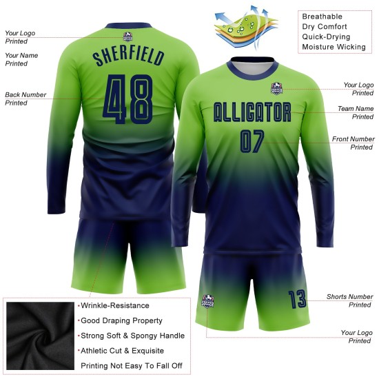 Uniform op maat gemaakt voetbal mode marineblauw fade shirt sublimatie groene mouw lange neon