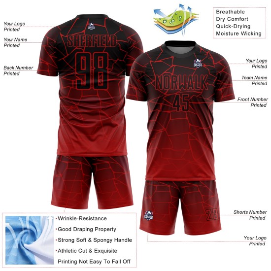 Aangepast shirt sublimatie zwart uniform lijnen voetbal rood