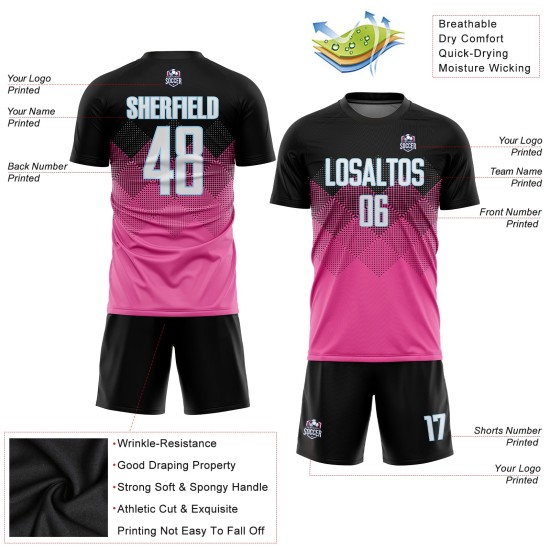 Sublimatie Gradiënt Vierkant Roze Voetbal Aangepast Zwart-Lichtblauw Vorm Uniform Jersey Sublimatie Gradiënt Vierkant Roze Voetbal Aangepast Zwart-Lichtblauw Vorm Uniform Jersey