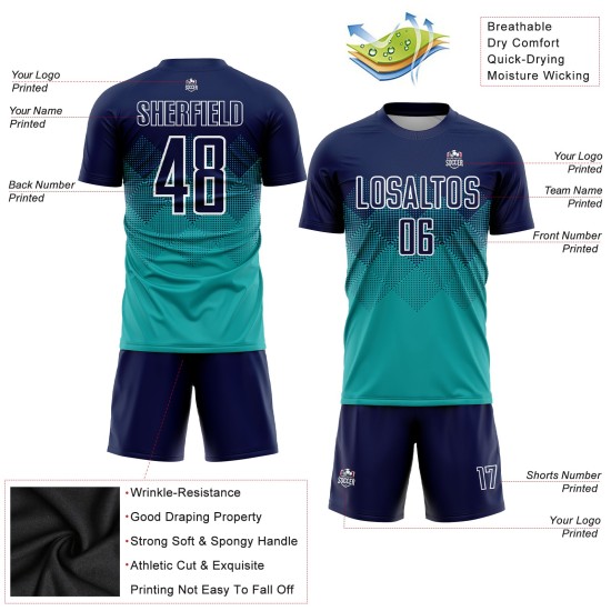 Uniform Sublimatie Aqua Soccer Marineblauw-Wit Aangepast Jersey