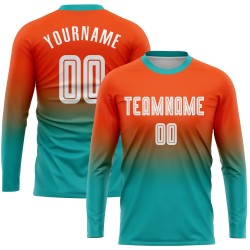 Sublimatie Oranje Fade Wit-Aqua Mode Voetbal Mouw Uniform Jersey Aangepast Lang