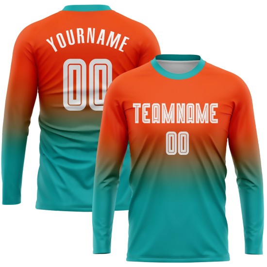 Sublimatie Oranje Fade Wit-Aqua Mode Voetbal Mouw Uniform Jersey Aangepast Lang Sublimatie Oranje Fade Wit-Aqua Mode Voetbal Mouw Uniform Jersey Aangepast Lang