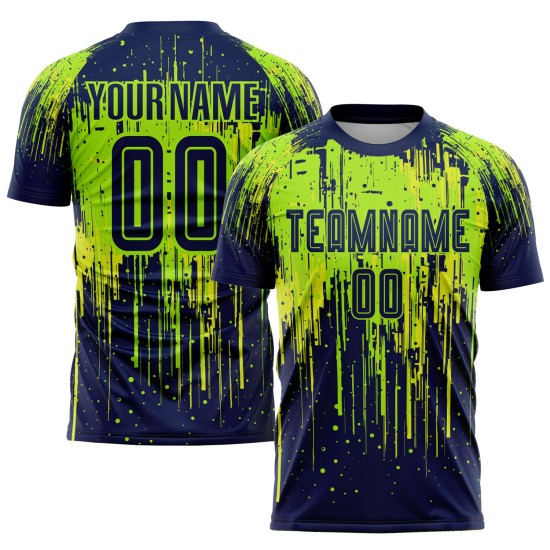 Marineblauw-neon jersey neon sublimatie voetbaluniform geel op maat groen
