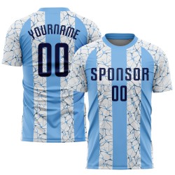 Lichtblauw voetbalshirt sublimatie marineblauw-wit uniform op maat