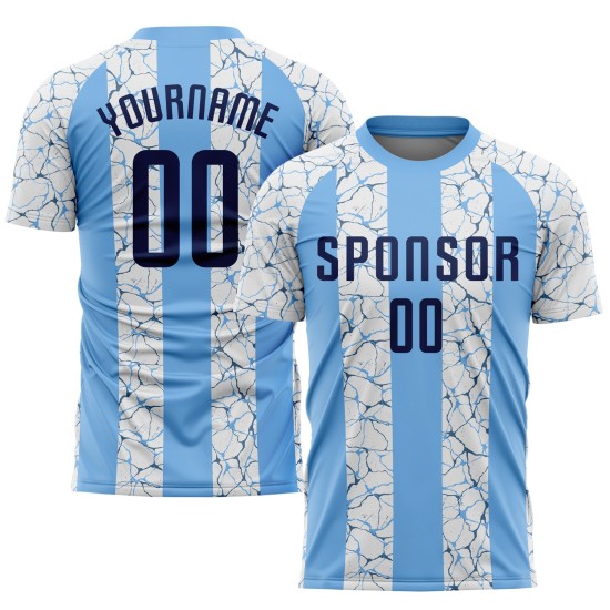 Lichtblauw voetbalshirt sublimatie marineblauw-wit uniform op maat Lichtblauw voetbalshirt sublimatie marineblauw-wit uniform op maat