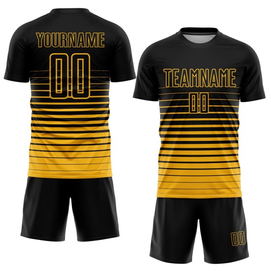 Jersey Fade Fashion Voetbaluniform Aangepaste Krijtstreep Sublimatie Goud Zwart