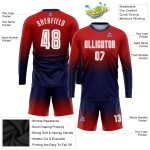 Jersey Rood Fade Sublimatie Wit-Marineblauw Lange Mouw Voetbal Mode Uniform Aangepast Jersey Rood Fade Sublimatie Wit-Marineblauw Lange Mouw Voetbal Mode Uniform Aangepast