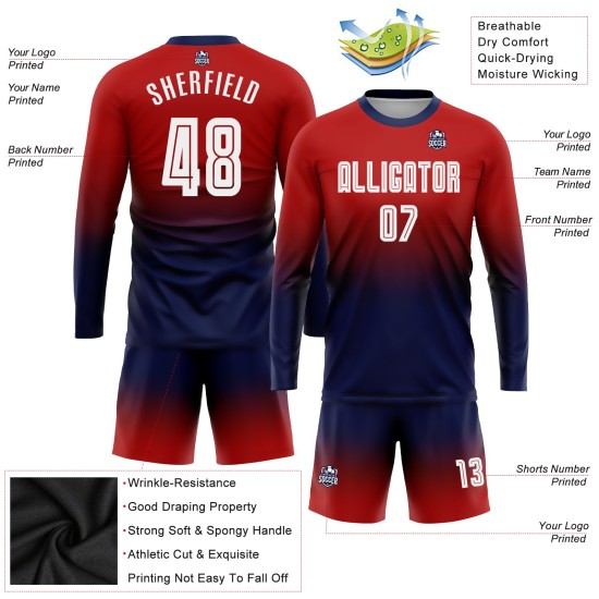 Jersey Rood Fade Sublimatie Wit-Marineblauw Lange Mouw Voetbal Mode Uniform Aangepast Jersey Rood Fade Sublimatie Wit-Marineblauw Lange Mouw Voetbal Mode Uniform Aangepast
