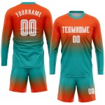 Sublimatie Oranje Fade Wit-Aqua Mode Voetbal Mouw Uniform Jersey Aangepast Lang Sublimatie Oranje Fade Wit-Aqua Mode Voetbal Mouw Uniform Jersey Aangepast Lang