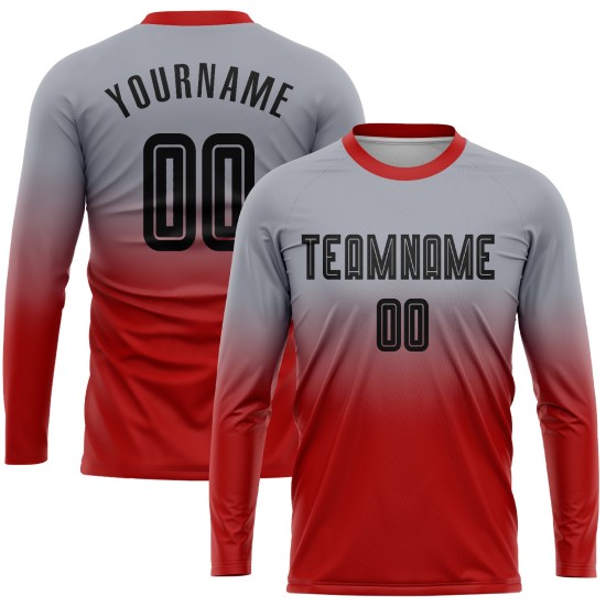 Mode Sublimatie Lange Uniform Zwart-Rood Aangepaste Grijze Fade Mouw Jersey Voetbal Mode Sublimatie Lange Uniform Zwart-Rood Aangepaste Grijze Fade Mouw Jersey Voetbal