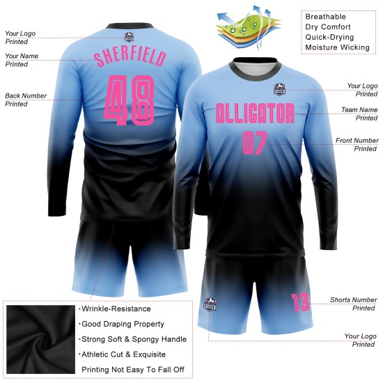 Roze-zwart licht voetbalshirt met lange mouwen en vervaagde mouwen, op maat gemaakt, sublimatieblauw uniform