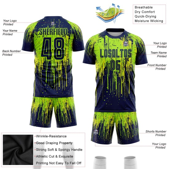 Marineblauw-neon jersey neon sublimatie voetbaluniform geel op maat groen