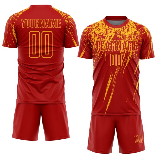 Aangepast shirt met gouden uniform en rode voetbalsublimatie Aangepast shirt met gouden uniform en rode voetbalsublimatie