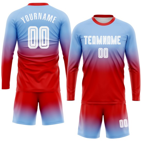 Blauw shirt licht op maat gemaakt wit-rood voetbaluniform mode mouw sublimatie fade lang Blauw shirt licht op maat gemaakt wit-rood voetbaluniform mode mouw sublimatie fade lang