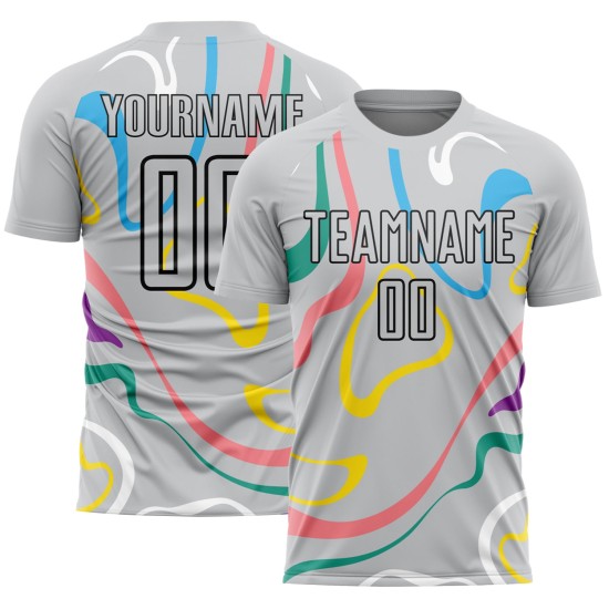 Vloeiende uniforme zwarte aangepaste vormen jersey grijze voetbal sublimatie Vloeiende uniforme zwarte aangepaste vormen jersey grijze voetbal sublimatie
