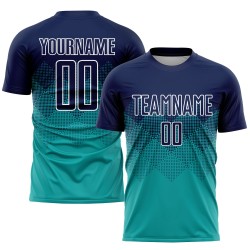 Uniform Sublimatie Aqua Soccer Marineblauw-Wit Aangepast Jersey