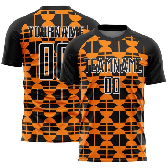 Voetbalshirt Bay Geometrisch Aangepast Zwart Uniform Vormen Oranje-Wit Sublimatie