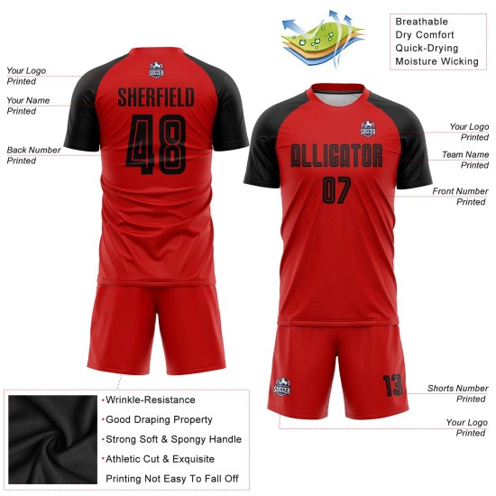 Sublimatie Rood Custom Jersey Zwart Voetbaluniform Sublimatie Rood Custom Jersey Zwart Voetbaluniform