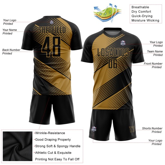 Aangepast uniform gouden voetbal oud shirt sublimatie zwart Aangepast uniform gouden voetbal oud shirt sublimatie zwart