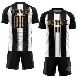 Goudkleurige uniforme lijn zwart wit oud voetbalshirt op maat sublimatie Goudkleurige uniforme lijn zwart wit oud voetbalshirt op maat sublimatie