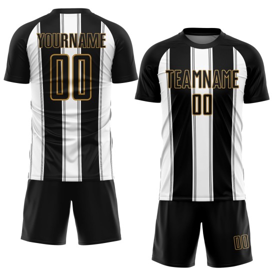 Goudkleurige uniforme lijn zwart wit oud voetbalshirt op maat sublimatie Goudkleurige uniforme lijn zwart wit oud voetbalshirt op maat sublimatie