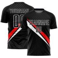 Aangepast rood-wit shirt met zwarte voetballijnen, uniform sublimatie diagonaal