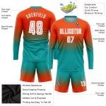Sublimatie Oranje Fade Wit-Aqua Mode Voetbal Mouw Uniform Jersey Aangepast Lang Sublimatie Oranje Fade Wit-Aqua Mode Voetbal Mouw Uniform Jersey Aangepast Lang