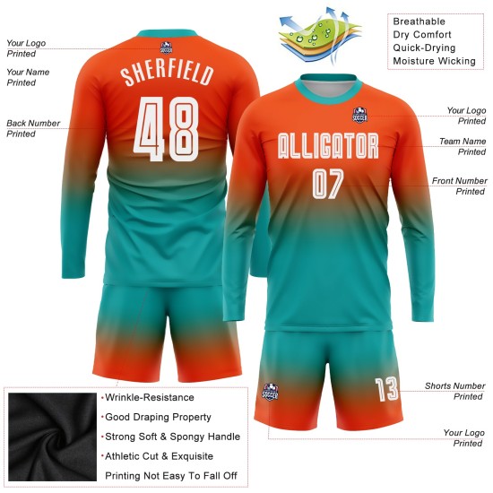 Sublimatie Oranje Fade Wit-Aqua Mode Voetbal Mouw Uniform Jersey Aangepast Lang Sublimatie Oranje Fade Wit-Aqua Mode Voetbal Mouw Uniform Jersey Aangepast Lang