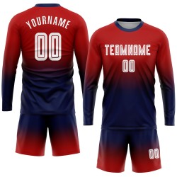 Jersey Rood Fade Sublimatie Wit-Marineblauw Lange Mouw Voetbal Mode Uniform Aangepast Jersey Rood Fade Sublimatie Wit-Marineblauw Lange Mouw Voetbal Mode Uniform Aangepast