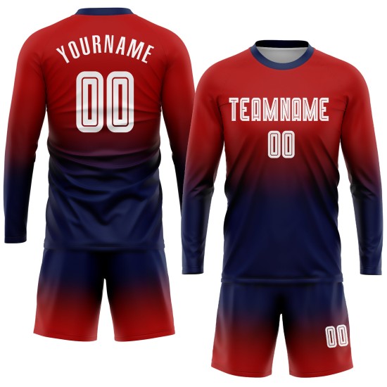 Jersey Rood Fade Sublimatie Wit-Marineblauw Lange Mouw Voetbal Mode Uniform Aangepast Jersey Rood Fade Sublimatie Wit-Marineblauw Lange Mouw Voetbal Mode Uniform Aangepast
