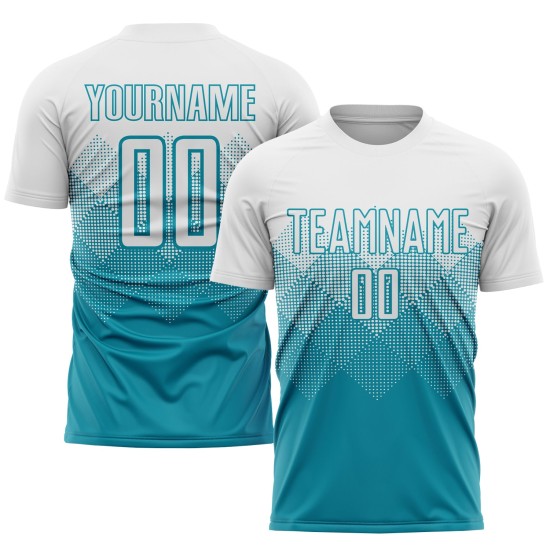 Teal Uniform Sublimatie Voetbalshirt Wit Aangepast Teal Uniform Sublimatie Voetbalshirt Wit Aangepast
