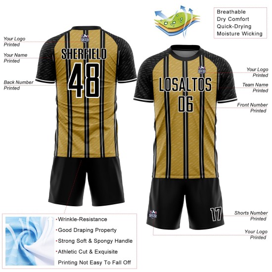 Voetbaluniform op maat, oude jerseylijn, goud-wit, sublimatie, zwart