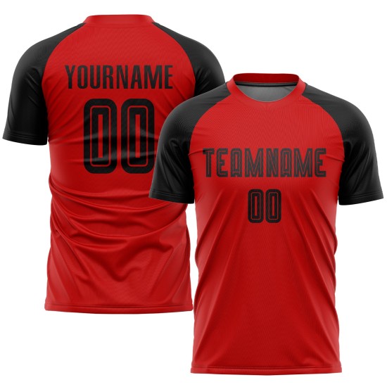Sublimatie Rood Custom Jersey Zwart Voetbaluniform Sublimatie Rood Custom Jersey Zwart Voetbaluniform
