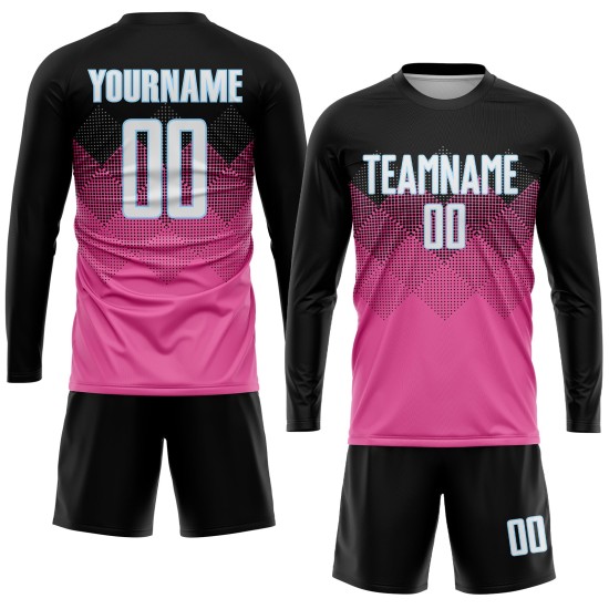 Sublimatie Gradiënt Vierkant Roze Voetbal Aangepast Zwart-Lichtblauw Vorm Uniform Jersey Sublimatie Gradiënt Vierkant Roze Voetbal Aangepast Zwart-Lichtblauw Vorm Uniform Jersey