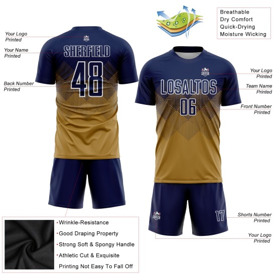 Marineblauw-wit aangepast voetbalshirt, oud sublimatie-uniform, goud Marineblauw-wit aangepast voetbalshirt, oud sublimatie-uniform, goud
