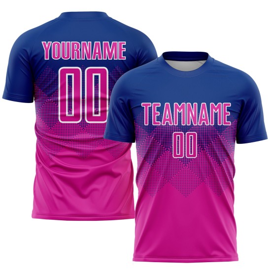 Diep roze-wit uniform Koninklijk shirt op maat gemaakt voetbal sublimatie Diep roze-wit uniform Koninklijk shirt op maat gemaakt voetbal sublimatie