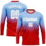 Blauw shirt licht op maat gemaakt wit-rood voetbaluniform mode mouw sublimatie fade lang Blauw shirt licht op maat gemaakt wit-rood voetbaluniform mode mouw sublimatie fade lang