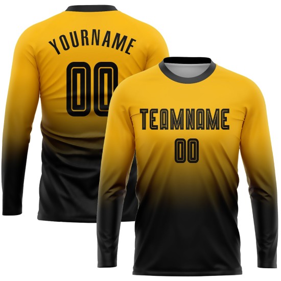 Fade Custom Zwart Jersey Goud Uniform Voetbal Lange Mode Mouw Sublimatie Fade Custom Zwart Jersey Goud Uniform Voetbal Lange Mode Mouw Sublimatie