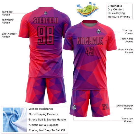 Geometrisch uniform sublimatie rood-zwarte vormen paars voetbalshirt op maat Geometrisch uniform sublimatie rood-zwarte vormen paars voetbalshirt op maat