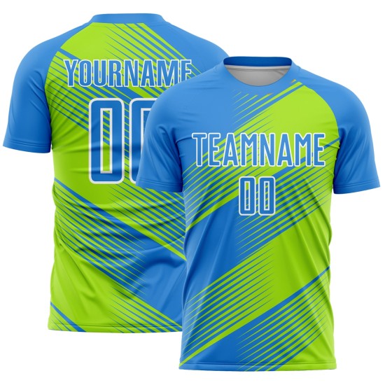 Blauw neon op maat gemaakt groen-wit voetbal uniform poeder jersey sublimatie Blauw neon op maat gemaakt groen-wit voetbal uniform poeder jersey sublimatie