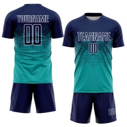 Uniform Sublimatie Aqua Soccer Marineblauw-Wit Aangepast Jersey
