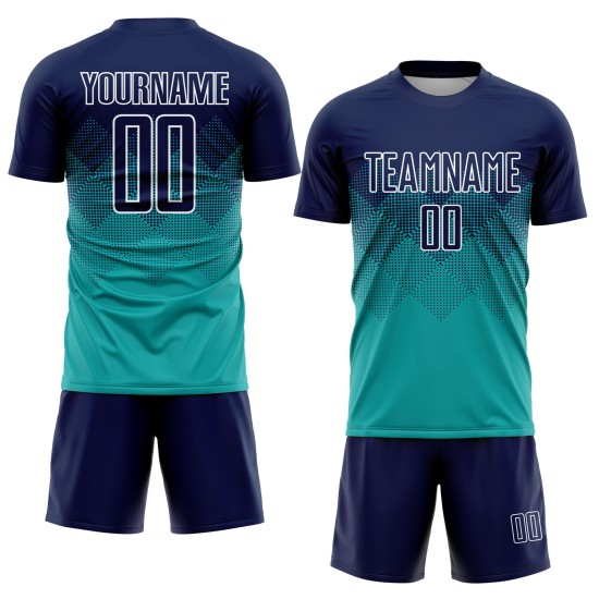Uniform Sublimatie Aqua Soccer Marineblauw-Wit Aangepast Jersey
